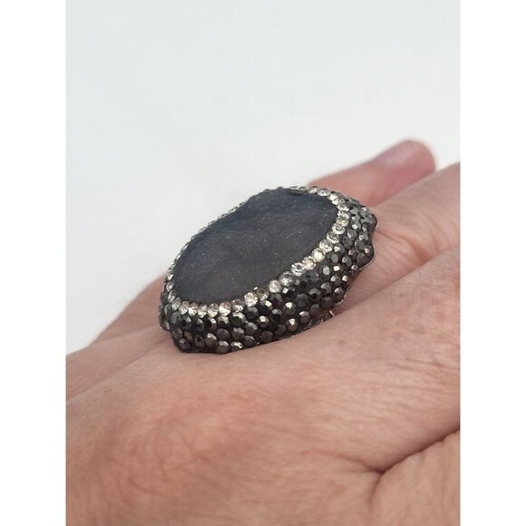 Vintage N-TR Sterling Silver Gray Druzy Quartz Crystal Marcasite Ring SZ 7 - Picture 2 of 11